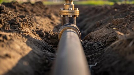 Aufkleber - Professional worker installing black water or gas pipeline, carefully closing blue utility valve within prepared ground trench during infrastructure maintenance project
