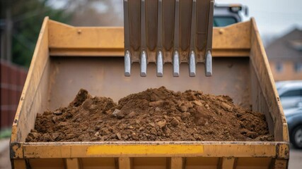Poster - Powerful excavator loading dark soil into heavy duty dumper truck, performing precision earthmoving operations at active construction site with industrial machinery