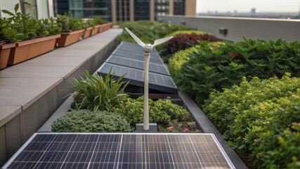 Aufkleber - Urban rooftop garden featuring photovoltaic panels and small wind turbine, creating sustainable energy solution for city buildings, merging green technology with innovative architectural design