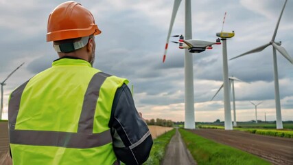Aufkleber - Engineer wearing a safety helmet and vest controls a drone inspecting wind turbines in a field, ensuring efficient renewable energy generation