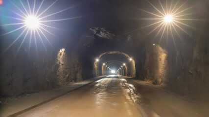 Fototapete - Road tunnel revealing dynamic lighting variations, creating atmospheric moods through changing brightness levels and illuminating concrete infrastructure with dramatic shadowing effects