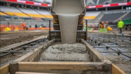 Poster - Fresh concrete is being poured from a chute into a wooden formwork, creating the foundation for a new structure within a stadium, while construction workers oversee the process