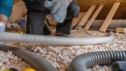 Poster - Professional worker installing a flexible ducting pipe for a ventilation or air conditioning system in an attic, on top of loose fill cellulose insulation