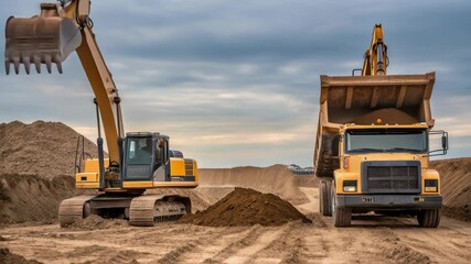Poster - Large yellow excavator transferring heavy soil into dump truck during earthmoving operations at industrial construction site with cloudy backdrop, showcasing heavy machinery and blue collar labor