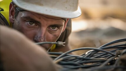 Poster - Construction professional in safety gear meticulously examining electrical cables, performing detailed infrastructure maintenance with precision and expertise