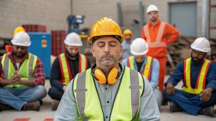 Poster - Construction workers practice mindfulness in a warehouse, meditating together for improved focus and well being in their demanding profession
