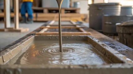 Poster - Concrete mixture flowing from pipe into rectangular formwork, generating dynamic swirling patterns across wet surface during industrial manufacturing process