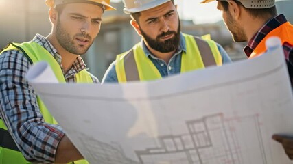 Poster - Construction workers wearing safety vests and hardhats are carefully reviewing a blueprint on a construction site, discussing the project plans