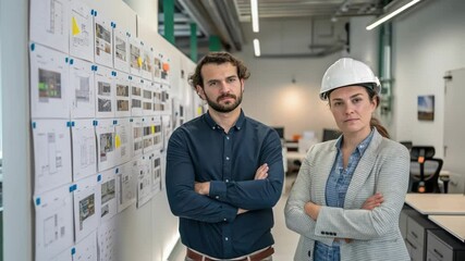 Aufkleber - two architects, a man and a woman wearing a safety helmet, stand with crossed arms in their modern o
