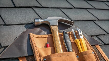 Poster - Professional carpentry tools resting within leather tool belt positioned on asphalt roofing surface during residential maintenance work, showcasing essential repair equipment