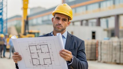 Poster - Professional architect wearing tailored suit and yellow safety helmet reviewing blueprint amid bustling construction site, machinery and workers visible in background