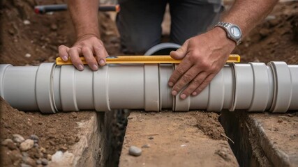 Poster - Construction worker checking horizontal alignment of newly installed pvc pipe using spirit level, ensuring precise placement within ground trench during infrastructure maintenance project