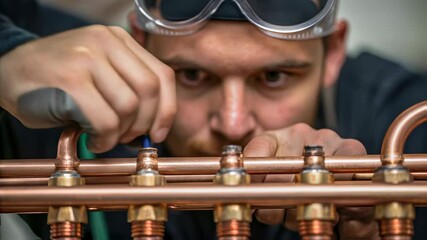 Aufkleber - Professional plumber working carefully while assembling intricate copper piping network, wearing protective gear and demonstrating expert precision during complex water system installation