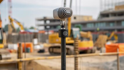 Poster - Silver vintage microphone on a stand is placed in front of a blurred background of a construction site with excavators and other heavy machinery operating, suggesting recording ambient sounds