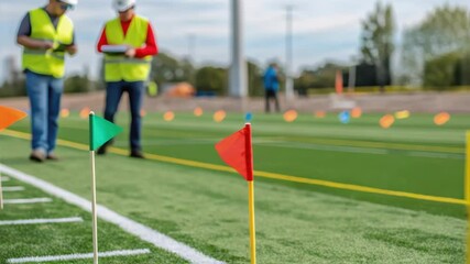 Poster - Construction workers in safety vests and hard hats are inspecting the colorful flags marking lines on a newly installed artificial turf sports field