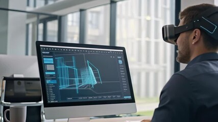 Poster - Professional architect exploring immersive 3d building model through virtual reality headset, analyzing architectural design using advanced software in contemporary workplace setting