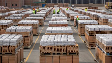 Poster - Construction workers in safety vests and helmets organize pallets of bricks and cement bags inside a large warehouse, preparing materials for building projects