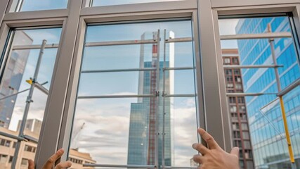 Aufkleber - Skilled construction professional installing large window frame at high elevation, revealing expansive urban skyline during skyscraper building process