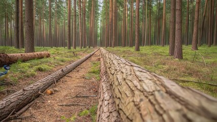 Aufkleber - Pine forest with large cut tree trunk lying on the ground, showing different perspectives and details of the wood and surrounding environment