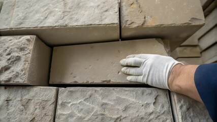 Poster - Skilled construction worker wearing protective gloves carefully positioning brick during precise masonry work, meticulously aligning unit within building's structural wall framework