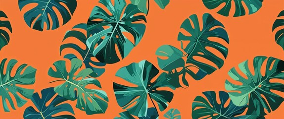 Poster - monstera leaf pattern on orange plain background digital abstract art work illustration design