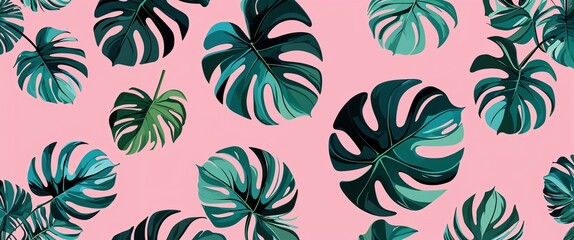 Poster - monstera leaf pattern on pink plain background digital abstract art work illustration design