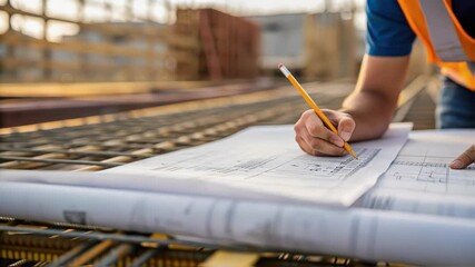 Poster - Construction engineering professional wearing bright orange safety vest reviewing architectural blueprint while standing at active construction site, carefully examining development project details