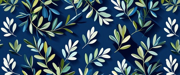 Poster - olive leaf pattern on blue plain background digital abstract art work illustration design
