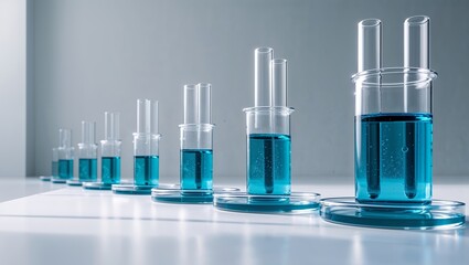 Poster - laboratory experiment with blue liquid in glass beakers arranged in a sequence