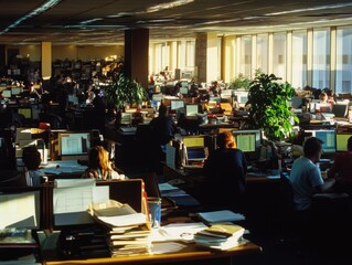 Aufkleber - A bustling office scene with many employees typing away on their computers