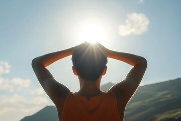 Aufkleber - A person stands at the edge of a mountain, looking up and pondering