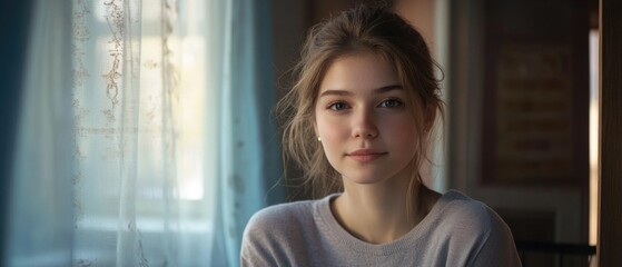 Aufkleber - A young woman looks out the window with a thoughtful expression, perhaps contemplating life or daydreaming