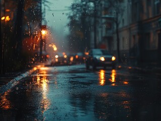 Poster - A busy city street at night with rain and traffic