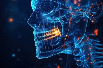 Poster - Detailed jawbone blueprint with dental implants set against a dark medical background for advanced dental analysis
