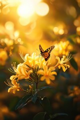 Poster - A butterfly perched on top of a bright yellow flower, its wings spread out