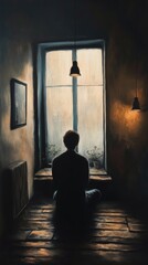 Aufkleber - A person sitting in front of a window with a calm expression, possibly contemplating or lost in thought