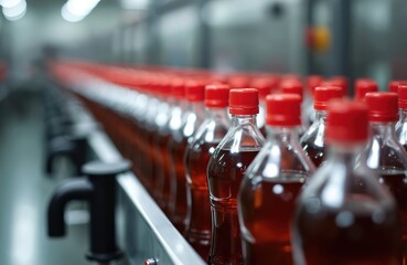 Leinwandbilder - Bottling factory interior. Conveyor line fills red beverage bottles, distribution. Automated machinery, modern plant. Carbonated water drinks production. Food industry beverage processing, quality