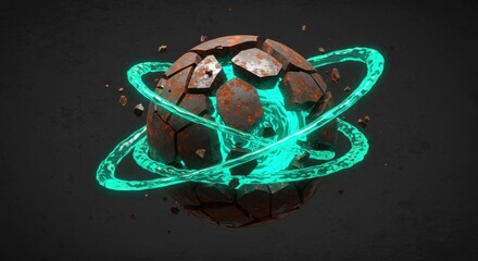 Poster - Shattered Planet: A 3D Render of a Crumbling Celestial Body with Glowing Rings