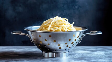 Aufkleber - A metal colander filled with cooked pasta on a kitchen counter