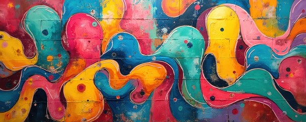 Poster - Lively, colorful mural filled with abstract patterns, shapes. Component intertwines to create vibrant composition. Decorative multicolored layers blend. Wallpainting featuring creative urban