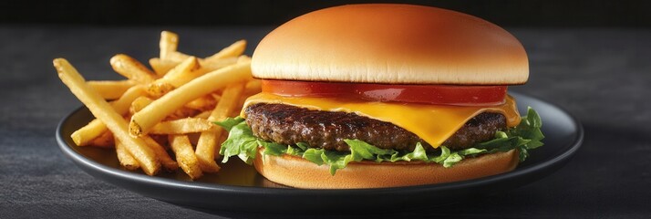 Poster - Delicious cheeseburger with fresh toppings and crispy fries served on a plate