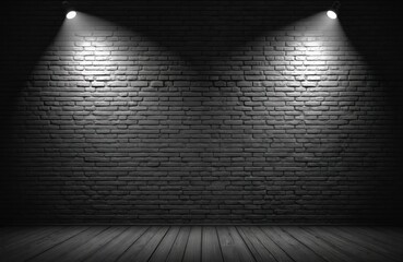 Aufkleber - Abstract dark brick wall illuminated by two spotlights, stands above wooden floor. Black bricks evoke rough urban mood. Graphic design element perfect for presentations, backgrounds, creative