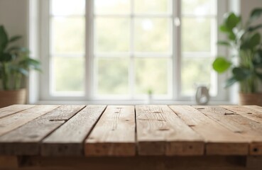 Aufkleber - Rustic wooden table natural grain texture. Blurred window backgrounds interior scene. Empty space on desk for product display, mockup. Bright light enhances clean, minimalist aesthetic, interior