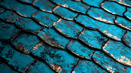 Poster - A close-up view of textured, iridescent blue tiles, resembling scales, creating a visually striking and intricate surface