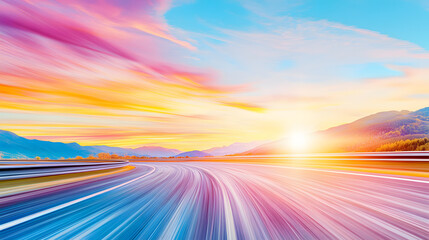 Poster - A vibrant sunset landscape with colorful skies and a dynamic road, evoking a sense of speed and freedom
