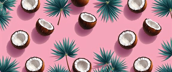 Poster - coconut pattern on pink plain background digital abstract art work illustration design