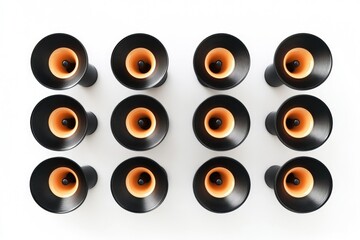 Poster - A group of black speakers situated on a white surface, often used as decorative element or part of sound system setup