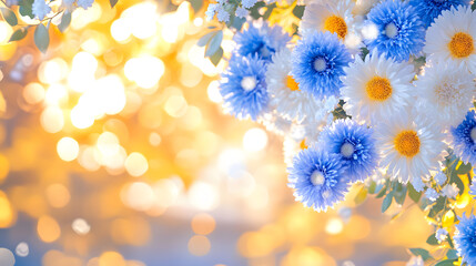 Poster - A vibrant display of blue and white flowers against a warm, glowing background, capturing the beauty of nature in a serene moment