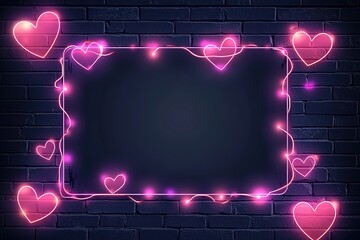 Poster - Glowing hearts border a frame on a dark brick wall perfect for love-themed design