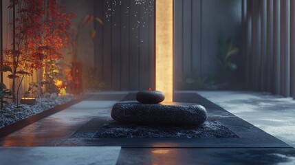 Poster - A black stone sits next to a plant on the floor, simple and elegant